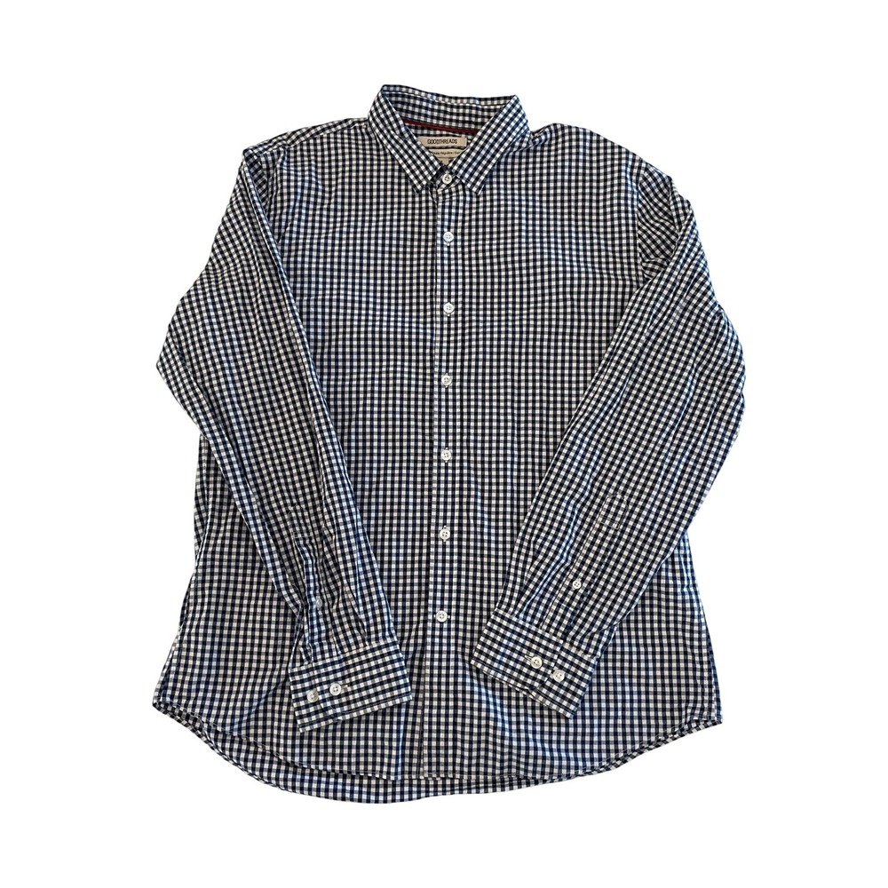 Goodthreads Mens Standard Fit Gingham Button Down Shirt Navy Blue White Large L